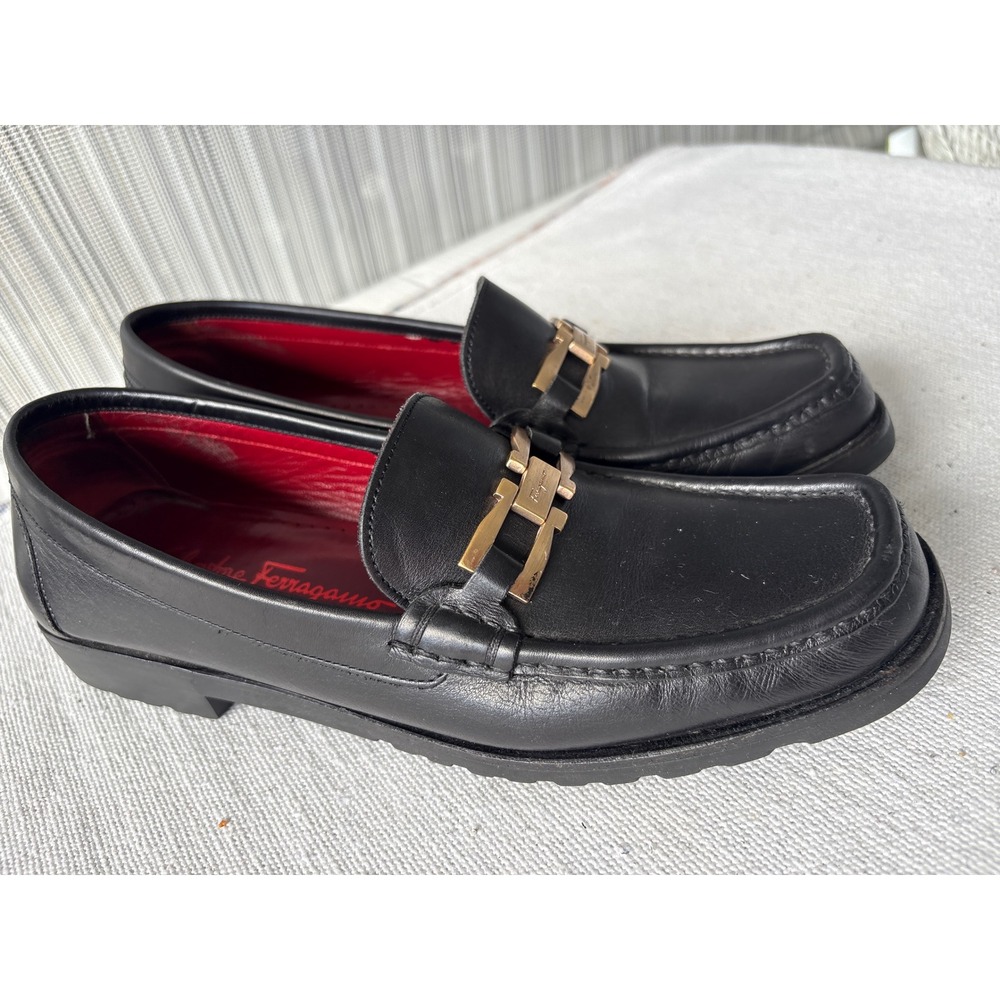 Salvatore Ferragamo Women's 7 Sport Black Leather Gancini Bit Loafers Italy
